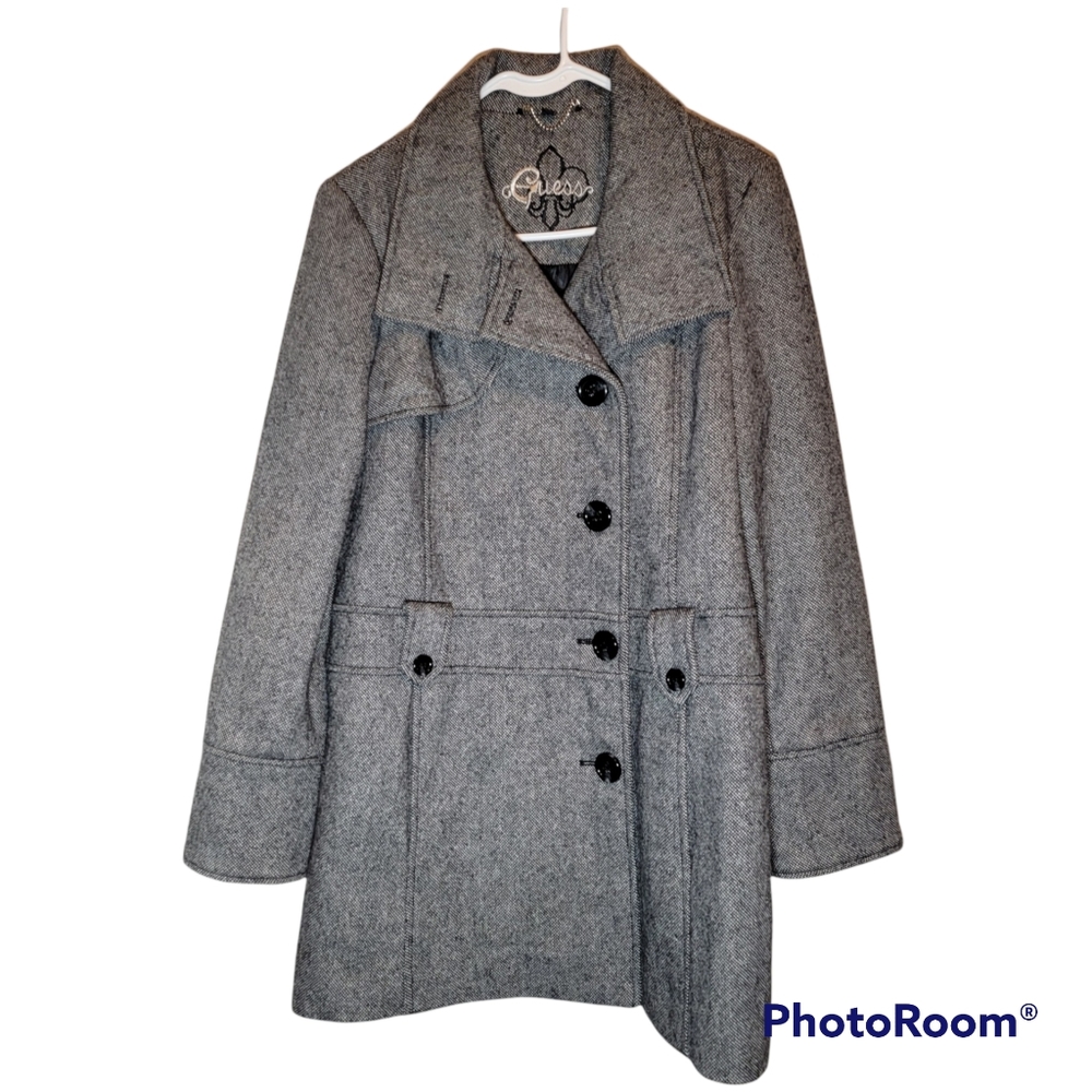 Guess Tweed Peacoat Jacket Wool Funnel Collar EUC Women's Large